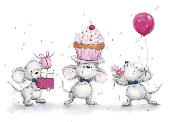 Wall Art - Mixed Media - Birthday Mice by Makiko
