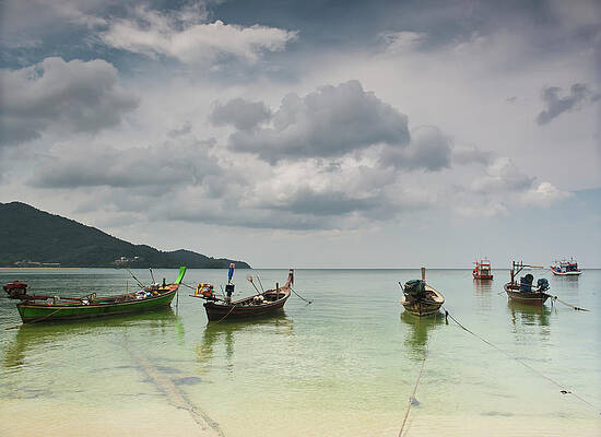 Boats Mooring At Nai Yang Beach Print by Stuart Corlett / Design Pics