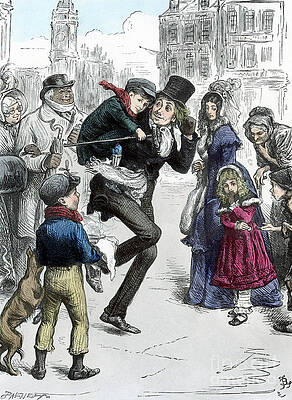 Wall Art - Drawing - Bob Cratchit carrying Tiny Tim by Fred Barnard