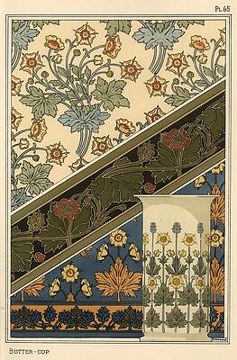 Wall Art - Drawing - Buttercup in art nouveau patterns for wallpapers and a vase. Lithograph by M. P. Verneuil. by Album