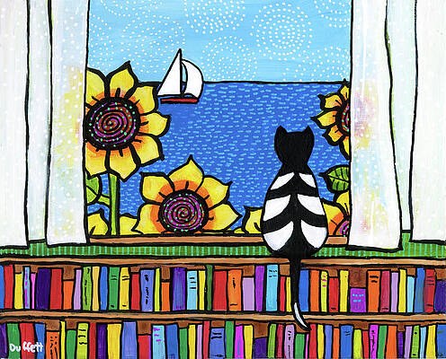 Wall Art - Painting - Cat Books Window Ocean by Shelagh Duffett