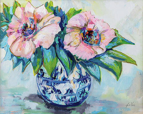 Beautiful Blue Floral Painting in Glass Vases on 8x8 Canvas