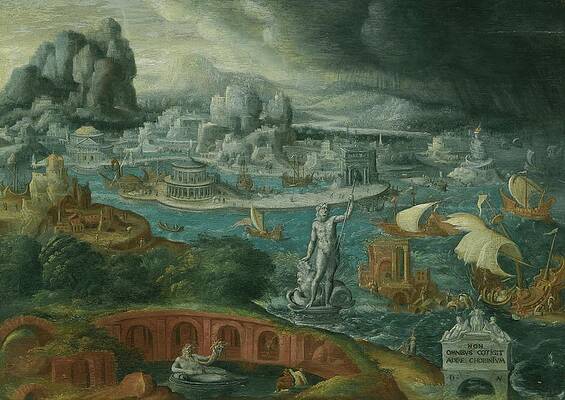Wall Art - Painting - Classical Landscape With Ships Running Before A Storm by Circle Of Maerten Van Heemskerck