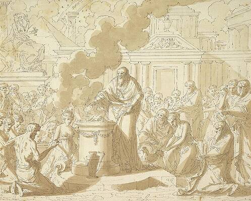 Wall Art - Drawing - Classical Scene With Figures Gathered Around A Sacrificial by Louis-felix De La Rue