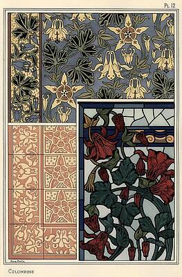 Wall Art - Drawing - Columbine, Aquilegia vulgaris, flower in patterns for wallpaper, stained glass and tiles. by Album