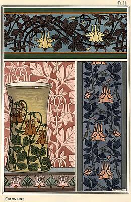 Wall Art - Drawing - Columbine flower, Aquilegia vulgaris, in patterns for wallpaper, fabric and vase. by Album