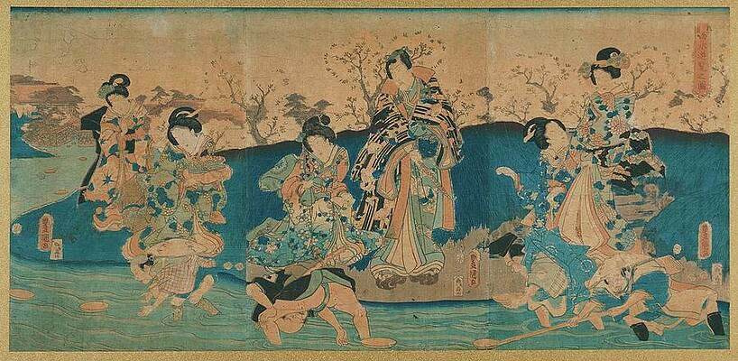 Wall Art - Painting - Courtesans And A Modern Genji Drinking From Floating Cups by Utagawa Kunisada (toyokuni Iii)