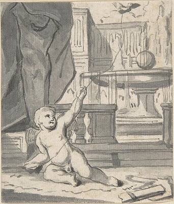 Wall Art - Drawing - Cupid With A Bird On A String by Joseph Werner The Younger