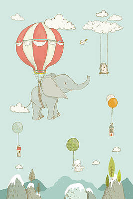 Wall Art - Painting - Cute Elephant floating in the sky whimsical Art for Kids by Matthias Hauser