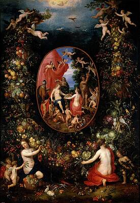 Wall Art - Painting - 'Cybele and the Seasons in a Garland of Fruit', Befo... by Jan Brueghel the Elder -1568-1625- Hendrik van Balen -1575-1632-