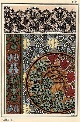 Wall Art - Drawing - Cyclamen persicum motif in patterns for lace, wallpaper and fabric. by Album