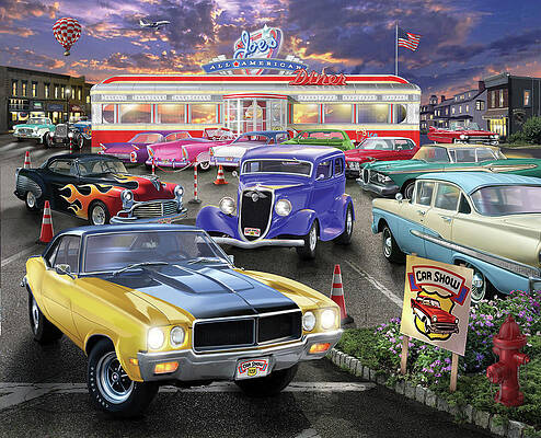 Wall Art - Painting - Diner Car Show by Bigelow Illustrations- Exclusive