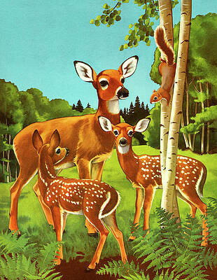 Wall Art - Drawing - Doe and Two Fawn by CSA Images
