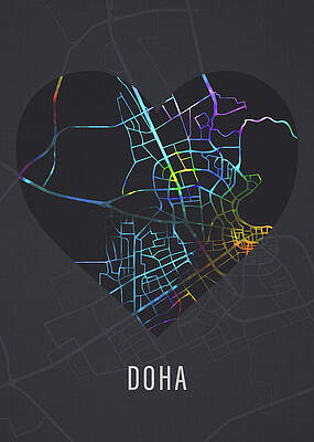 Wall Art - Mixed Media - Doha Qatar City Heart Street Map Love Dark Mode by Design Turnpike