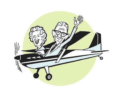 Wall Art - Drawing - Elderly Couple Waving from Airplane by CSA Images