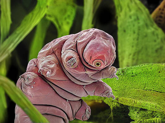 Wall Art - Photograph - False-coloured Sem Of A Tardigrade Amongst Moss, From Peak by Alex Hyde / Naturepl.com