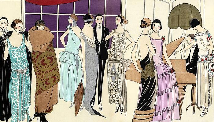 Wall Art - Drawing - Fashionable evening party with man in tuxedo playing a grand piano. by Album