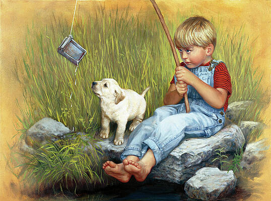 Vibrant Acrylic Painting of a Little Boy Fishing