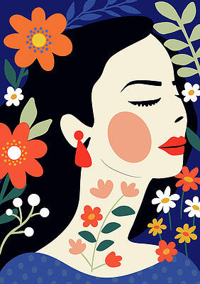 Wall Art - Digital Art - Floral Woman's Portrait In Bold Colors by Trendy Art