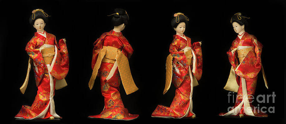 Four Views Of A Traditional Japanese Geisha Doll In Red Kimono I