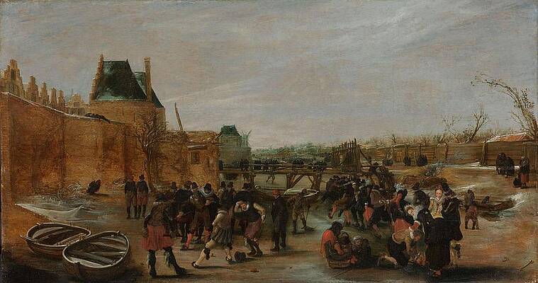 Wall Art - Painting - Frolicking on a Frozen Canal in a Town. by Jan van de Velde -II- -rejected attribution- Hendrick Avercamp -copy after- Esaias van de Velde
