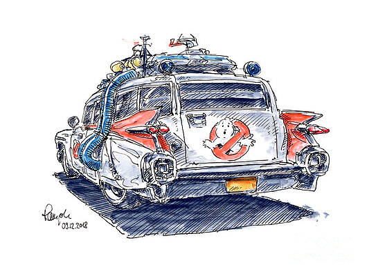 Wall Art - Drawing - Ghostbusters Ecto-1 Movie Car Cadillac Miller Meteor Ink Drawing by Frank Ramspott