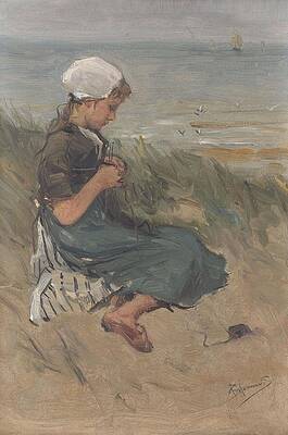 Wall Art - Painting - Girl Knitting in the Dunes. by Bernardus Johannes Blommers -1845-1914-
