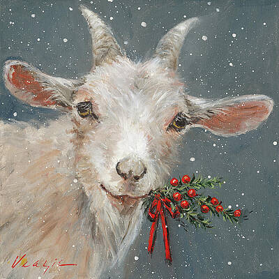 Wall Art - Painting - Goat With Holly by Mary Miller Veazie