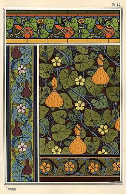 Wall Art - Drawing - Gourd in wallpaper, stained glass and fabric patterns. by Album