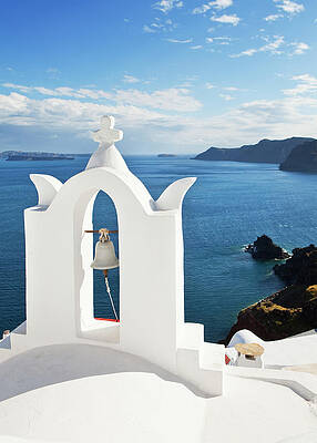 Wall Art - Digital Art - Greece, Aegean Islands, Cyclades, Santorini Island, Greek Islands, Oia Village, Typical Church Bell Overlooking The Sea by Luigi Vaccarella