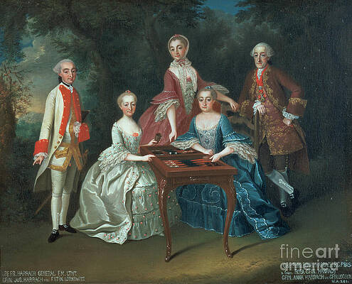 Wall Art - Painting - Group Portrait Of The Harrach Family Playing Backgammon Including General Count Ferdinand Harrach, Count Ferdinand Bonaventura Harrach With Rosa, Anna And Josephine by Johann Wilhelm Hoffnas Or Hofnaas