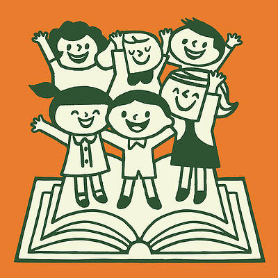 Wall Art - Drawing - Happy Children Standing On Open Book by CSA Images