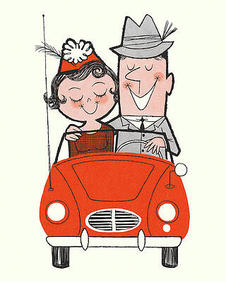 Wall Art - Drawing - Happy Couple Riding in a Car by CSA Images