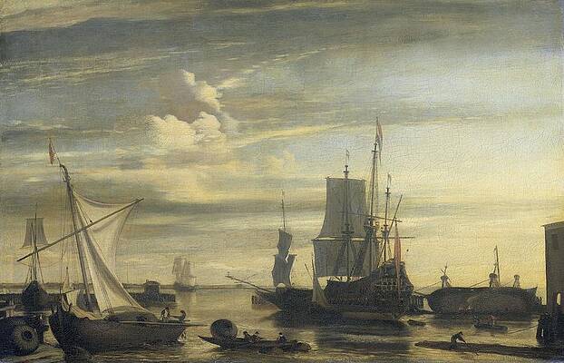 Wall Art - Painting - Harbor at Sunset. by Jan Claesz Rietschoof -attributed to- Emanuel de Witte -rejected attribution-