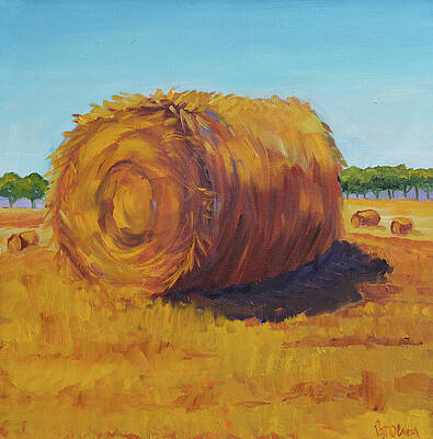 autumn cottage fall Early Hay blue late summer field with hay bale green Signed Fine Art Giclee Print from my Original Painting