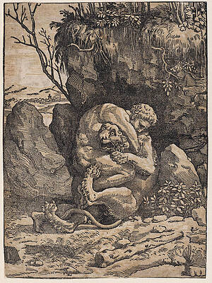 Hercules And The Nemean Lion Print by Ugo da Carpi