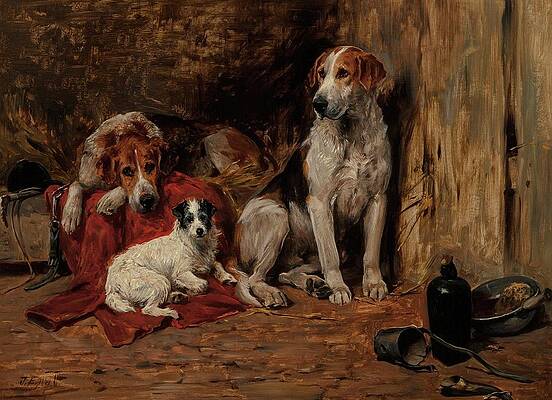 HOUND DOGS AFTER A HUNT BEAUTIFUL ART PRINT ANTIQUE JOHN EMMS TERRIER 