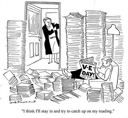 Wall Art - Drawing - I Think I'll Stay In And Try To Catch Up On My Reading by Nick Downes