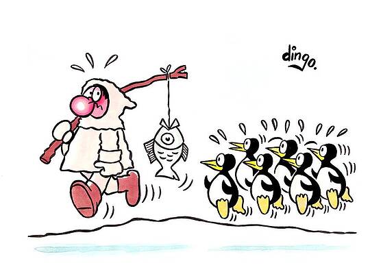 Wall Art - Drawing - Ice Fisherman Followed By A Colony Of Penguins by Tony Neat