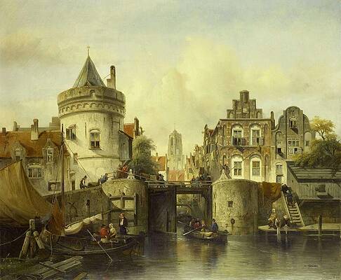 Wall Art - Painting - Imaginary View based on the Kolksluis, Amsterdam. by Salomon Leonardus Verveer