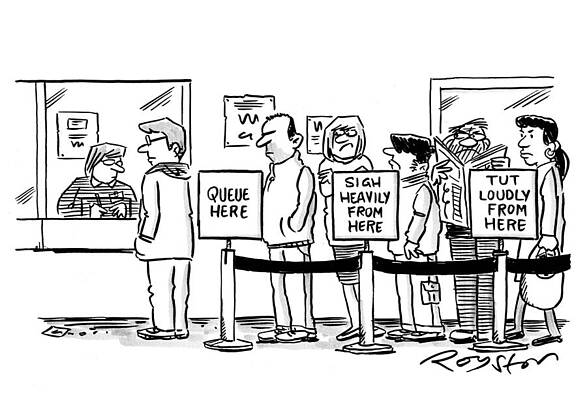 Wall Art - Drawing - Impatient Queue Of People. The Signs Read Queue Here,sigh by Royston Robertson