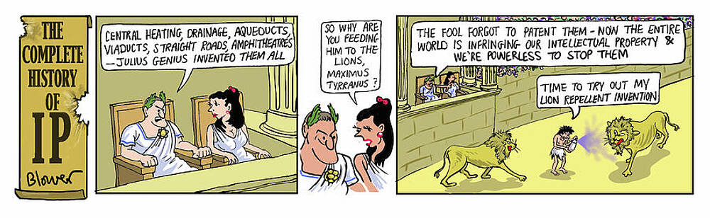 Wall Art - Drawing - Intellectual Property. Luckless Roman Inventor Who Forgets by Patrick Blower