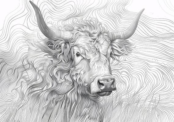 Wall Art - Drawing - Intricate Bull Line Drawing by Trendy Art