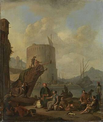 Wall Art - Painting - Italian Harbor with a Fortified Tower. by Johannes Lingelbach