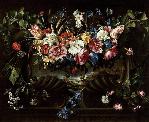 Wall Art - Painting - Juan de Arellano / 'Garland of Flowers with Landscape', 1652, Spanish School. by Juan de Arellano -1614-1676-