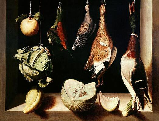 Wall Art - Painting - Juan Sanchez Cotan / 'Still-Life with Game Fowl', 1600-1603, Oil on canvas, 68 x 89 cm. by Juan Sanchez Cotan -1560-1627-