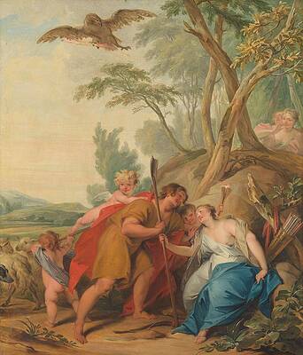 Wall Art - Painting - Jupiter, Disguised as a Shepherd, Seducing Mnemosyne, the Goddess of Memory. by Jacob de Wit -signed by artist- Jan Baptist de Surmont van Vlooswijk
