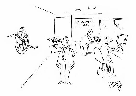 Wall Art - Drawing - Lab Tech Tosses Hypodermic Needles At Dartboard by Doug Grundy