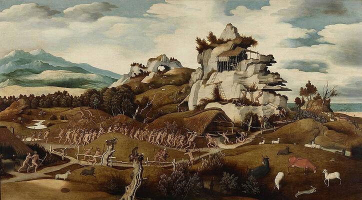 Wall Art - Painting - Landscape with an Episode from the Conquest of America. by Jan Jansz Mostaert