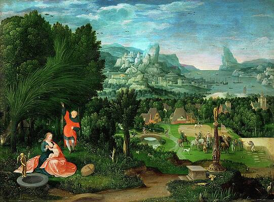 Wall Art - Painting - Landscape with rest during the Flight to Egypt. Second half 16th Oakwood, 38,5 x 51,5 cm Inv. 950. by Master Female Half-Figures -16th cent -